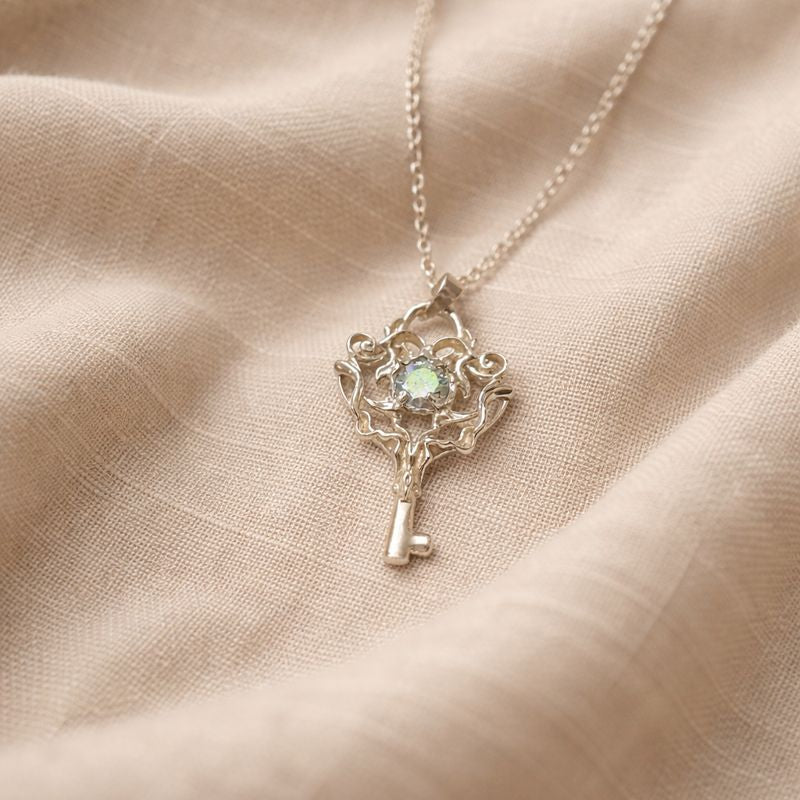 Wax - Carved Silver Key Pendant with Rainbow Moissanite - Jos Atelier